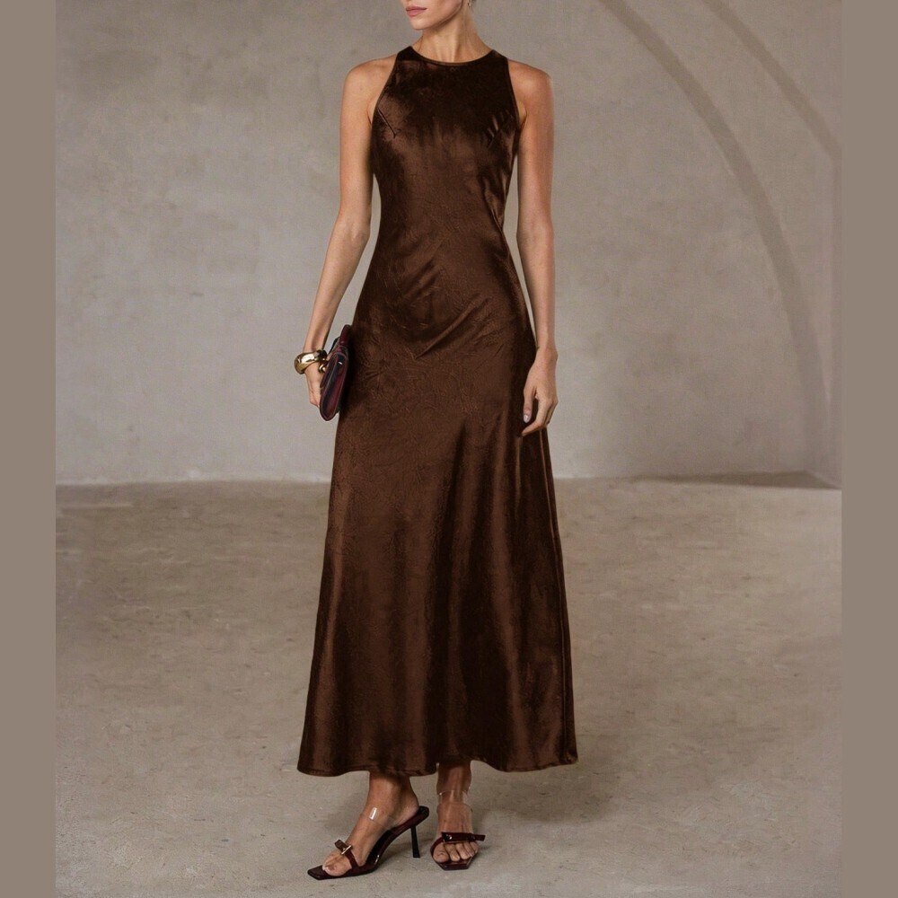 Chocolate Brown Satin Racerback Maxi Dress - Picture 1 of 7